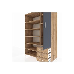 Kronos Dolap 9 Raflı 3 Çekmeceli Tek Kapaklı  132x59x195 Çam-antrasit/çam