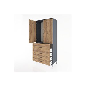 Hyperion Dolap Tek Raflı 4 Çekmeceli Tek Askılı 88x44x195 Antrasit-çam