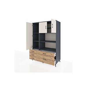 Kronos Dolap 7 Raflı 5 Çekmeceli 3 Kapaklı 132x59x195 Antrasit-aytaşı/çam