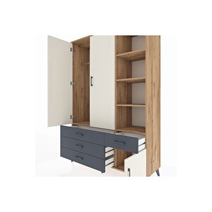 Hyperion Dolap 5 Raflı 4 Çekmeceli Tek Askılı 132x44x195 Çam-aytaşı/antrasit