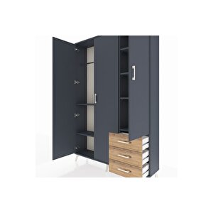 Arges Dolap 6 Raflı 3 Çekmeceli Tek Askılı 132x30x195 Antrasit-antrasit/çam