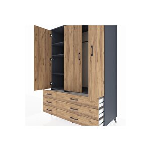 Kronos Dolap 5 Raflı 6 Çekmeceli Tek Askılı 132x59x195 Antrasit-çam/çam