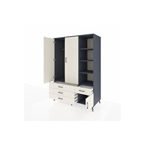Kronos Dolap 5 Raflı 4 Çekmeceli Tek Askılı 132x59x195 Antrasit-aytaşı/aytaşı