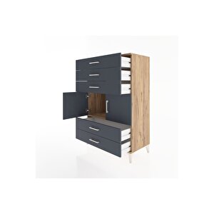 Hyperion Dolap Tek Raflı 5 Çekmeceli 2 Kapaklı 88x44x134 Çam-antrasit