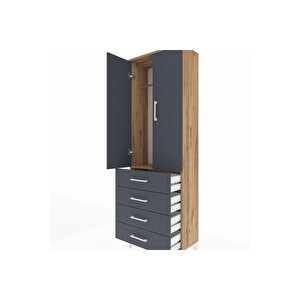 Arges Dolap Tek Raflı 4 Çekmeceli Tek Askılı 60x30x182 Çam-antrasit