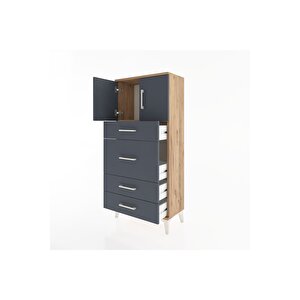 Hyperion Dolap Tek Raflı 4 Çekmeceli 2 Kapaklı 60x44x134 Çam-antrasit