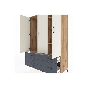 Kronos Dolap 5 Raflı 5 Çekmeceli Tek Askılı 132x59x195 Çam-aytaşı/antrasit