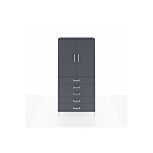 Arges Dolap Tek Raflı 5 Çekmeceli Tek Askılı 88x30x182 Antrasit-antrasit
