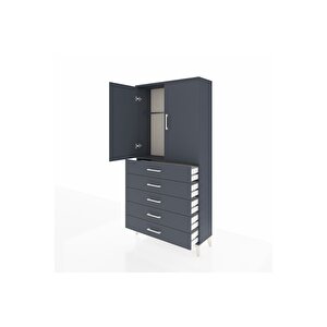 Arges Dolap Tek Raflı 5 Çekmeceli Tek Askılı 88x30x182 Antrasit-antrasit