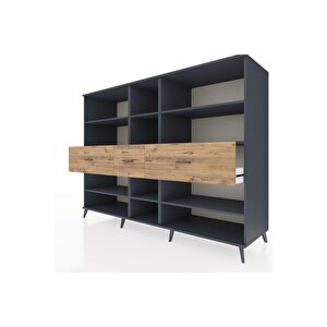Kronos Dolap 9 Raflı 3 Çekmeceli  220x59x163 Antrasit-antrasit/çam
