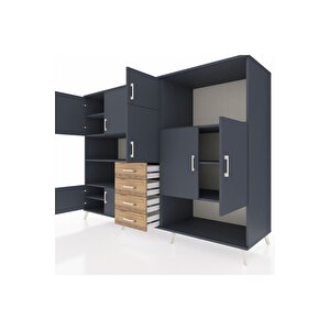 Kronos Dolap 10 Raflı 4 Çekmeceli 8 Kapaklı 220x59x163 Antrasit-antrasit/çam