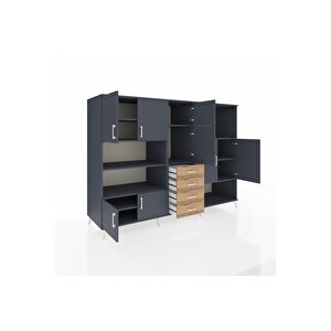 Kronos Dolap 10 Raflı 4 Çekmeceli 8 Kapaklı 220x59x163 Antrasit-antrasit/çam