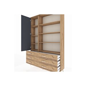Arges Dolap 8 Raflı 6 Çekmeceli Tek Kapaklı  132x30x195 Çam-antrasit/çam