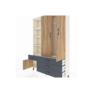 Arges Dolap 5 Raflı 4 Çekmeceli Tek Askılı 132x30x195 Aytaşı-çam/antrasit