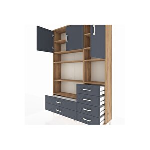 Arges Gardrop 9 Raflı 6 Çekmeceli 3 Kapaklı 132x30x195 Çam-antrasit