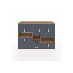 Kronos Dolap 13 Raflı 3 Çekmeceli 9 Kapaklı 220x59x163 Çam-antrasit