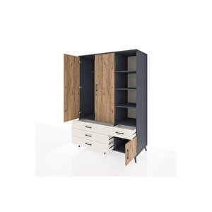 Kronos Dolap 5 Raflı 4 Çekmeceli Tek Askılı 132x59x195 Antrasit-çam/aytaşı