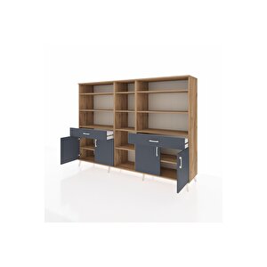 Hyperion Dolap 12 Raflı 2 Çekmeceli 4 Kapaklı 220x44x163 Çam-antrasit