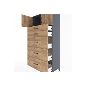 Hyperion Dolap Tek Raflı 5 Çekmeceli 2 Kapaklı 88x44x182 Antrasit-çam