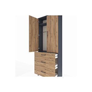 Arges Dolap 2 Raflı 3 Çekmeceli Tek Askılı 88x30x221 Antrasit-çam