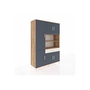 Hyperion Dolap 10 Raflı Tek Çekmeceli 6 Kapaklı 132x44x195 Çam-antrasit/aytaşı