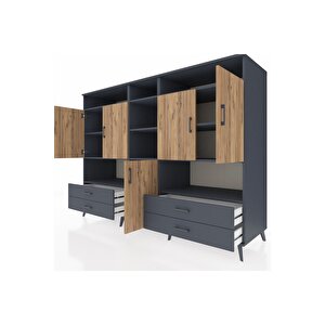 Kronos Dolap 12 Raflı 4 Çekmeceli 5 Kapaklı 220x59x163 Antrasit-çam/antrasit