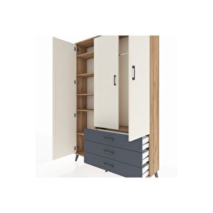 Arges Dolap 6 Raflı 3 Çekmeceli Tek Askılı 132x30x195 Çam-aytaşı/antrasit