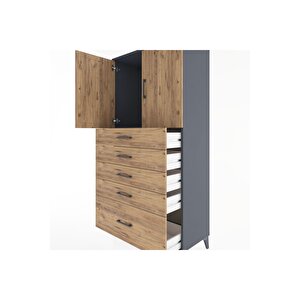 Hyperion Dolap Tek Raflı 5 Çekmeceli 2 Kapaklı 88x44x182 Antrasit-çam