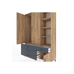 Hyperion Dolap 5 Raflı 4 Çekmeceli Tek Askılı 132x44x195 Çam-çam/antrasit