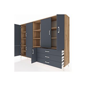 Hyperion Dolap 11 Raflı 3 Çekmeceli 7 Kapaklı 220x44x163 Çam-antrasit