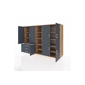 Kronos Dolap 11 Raflı 3 Çekmeceli 7 Kapaklı 220x59x163 Çam-antrasit