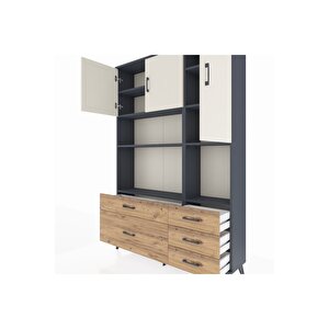 Arges Dolap 8 Raflı 5 Çekmeceli 3 Kapaklı 132x30x195 Antrasit-aytaşı/çam