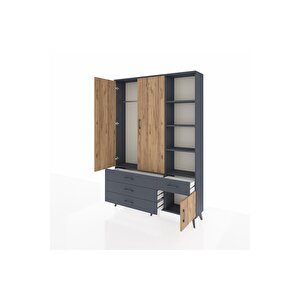 Arges Dolap 5 Raflı 4 Çekmeceli Tek Askılı 132x30x195 Antrasit-çam/antrasit