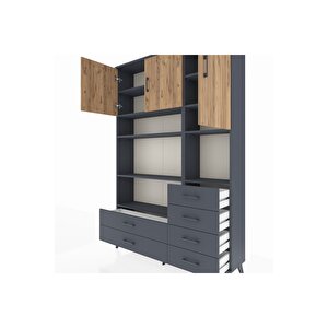 Arges Dolap 9 Raflı 6 Çekmeceli 3 Kapaklı 132x30x195 Antrasit-çam/antrasit