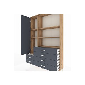 Arges Gardrop 7 Raflı 6 Çekmeceli Tek Kapaklı  132x30x195 Çam-antrasit