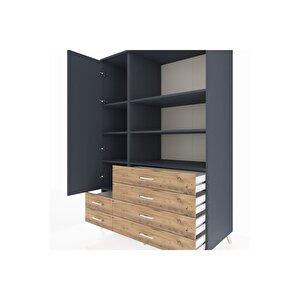 Kronos Dolap 7 Raflı 6 Çekmeceli Tek Kapaklı  132x59x195 Antrasit-antrasit/çam