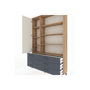 Arges Dolap 8 Raflı 6 Çekmeceli Tek Kapaklı  132x30x195 Çam-aytaşı/antrasit