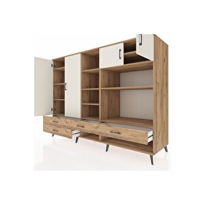 Kronos Dolap 12 Raflı 4 Çekmeceli 4 Kapaklı 220x59x163 Çam-aytaşı/çam
