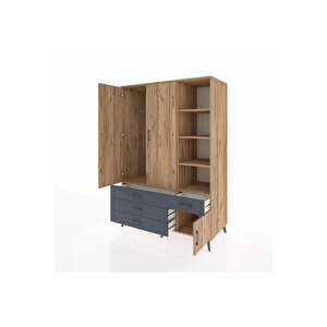 Kronos Dolap 5 Raflı 4 Çekmeceli Tek Askılı 132x59x195 Çam-çam/antrasit