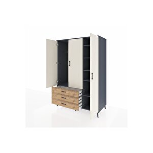 Kronos Dolap 6 Raflı 3 Çekmeceli Tek Askılı 132x59x195 Antrasit-aytaşı/çam