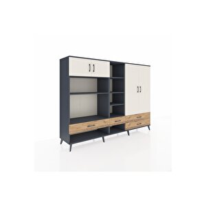 Hyperion Dolap 12 Raflı 4 Çekmeceli 4 Kapaklı 220x44x163 Antrasit-aytaşı/çam