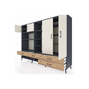 Hyperion Dolap 12 Raflı 4 Çekmeceli 4 Kapaklı 220x44x163 Antrasit-aytaşı/çam