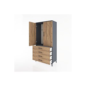 Hyperion Dolap Tek Raflı 4 Çekmeceli Tek Askılı 88x44x182 Antrasit-çam