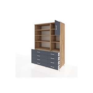 Kronos Dolap 8 Raflı 8 Çekmeceli Tek Kapaklı  132x59x195 Çam-antrasit/antrasit