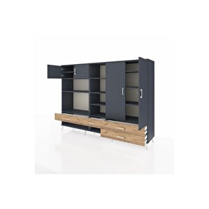 Hyperion Dolap 12 Raflı 4 Çekmeceli 4 Kapaklı 220x44x163 Antrasit-antrasit/çam