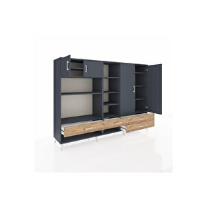 Hyperion Dolap 12 Raflı 4 Çekmeceli 4 Kapaklı 220x44x163 Antrasit-antrasit/çam