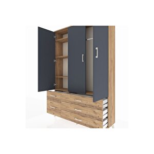 Arges Dolap 5 Raflı 5 Çekmeceli Tek Askılı 132x30x195 Çam-antrasit/çam