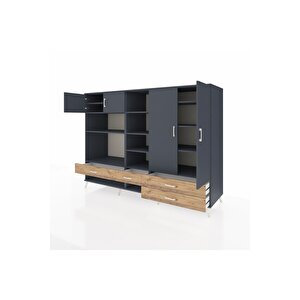 Kronos Dolap 12 Raflı 4 Çekmeceli 4 Kapaklı 220x59x163 Antrasit-antrasit/çam