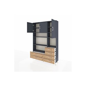 Arges Dolap 9 Raflı 6 Çekmeceli 3 Kapaklı 132x30x195 Antrasit-antrasit/çam