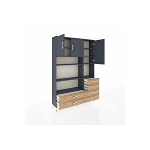 Arges Dolap 9 Raflı 6 Çekmeceli 3 Kapaklı 132x30x195 Antrasit-antrasit/çam